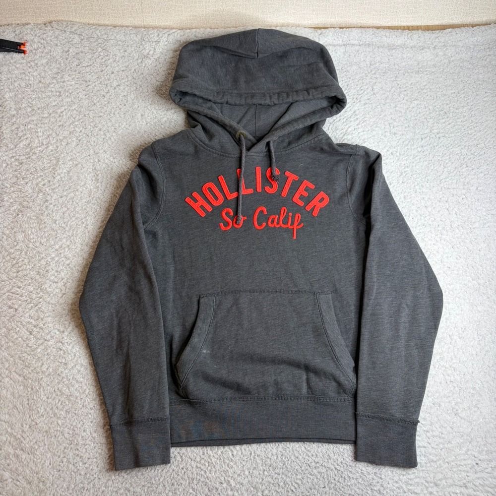Y2K Hollister So Calif Pullover Hoodie Charcoal Grey Red Logo Sweatshirt Mens M